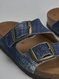 Ciabatta tacco 1 cm jeans tessuto