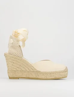 Espadrilla zeppa 9 cm beige tessuto