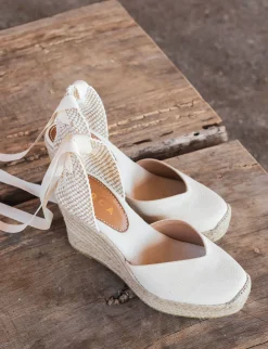 Espadrilla zeppa 9 cm beige tessuto