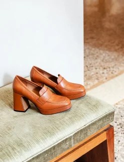 Mocassini tacco 8cm pelle marrone