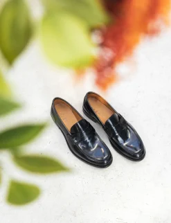 Mocassino tacco 2 cm blu pelle