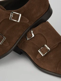Monk strap tacco 2 cm marrone camoscio