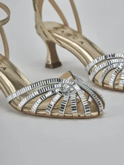 Sandali tacco 9cm laminato oro