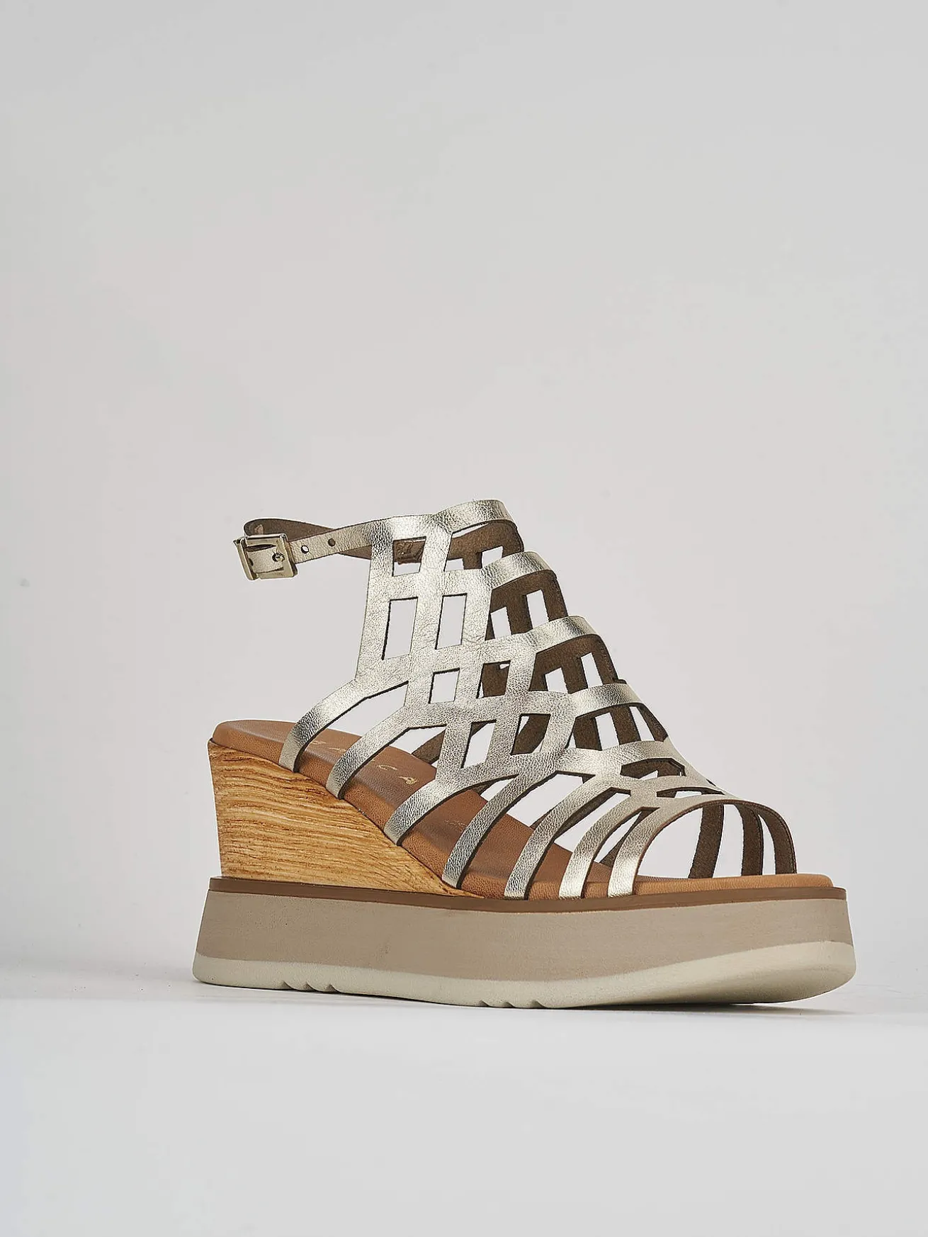 Sandali zeppa tacco 7cm pelle oro